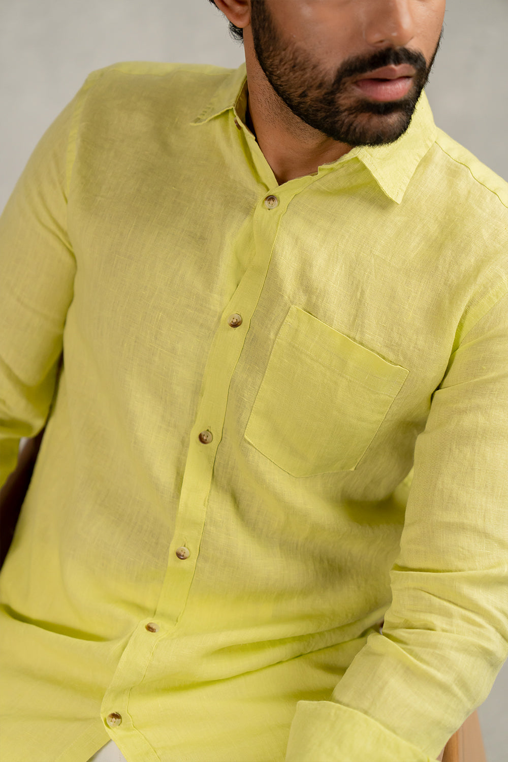 Linen Men Classic Collar Shirt- Lime