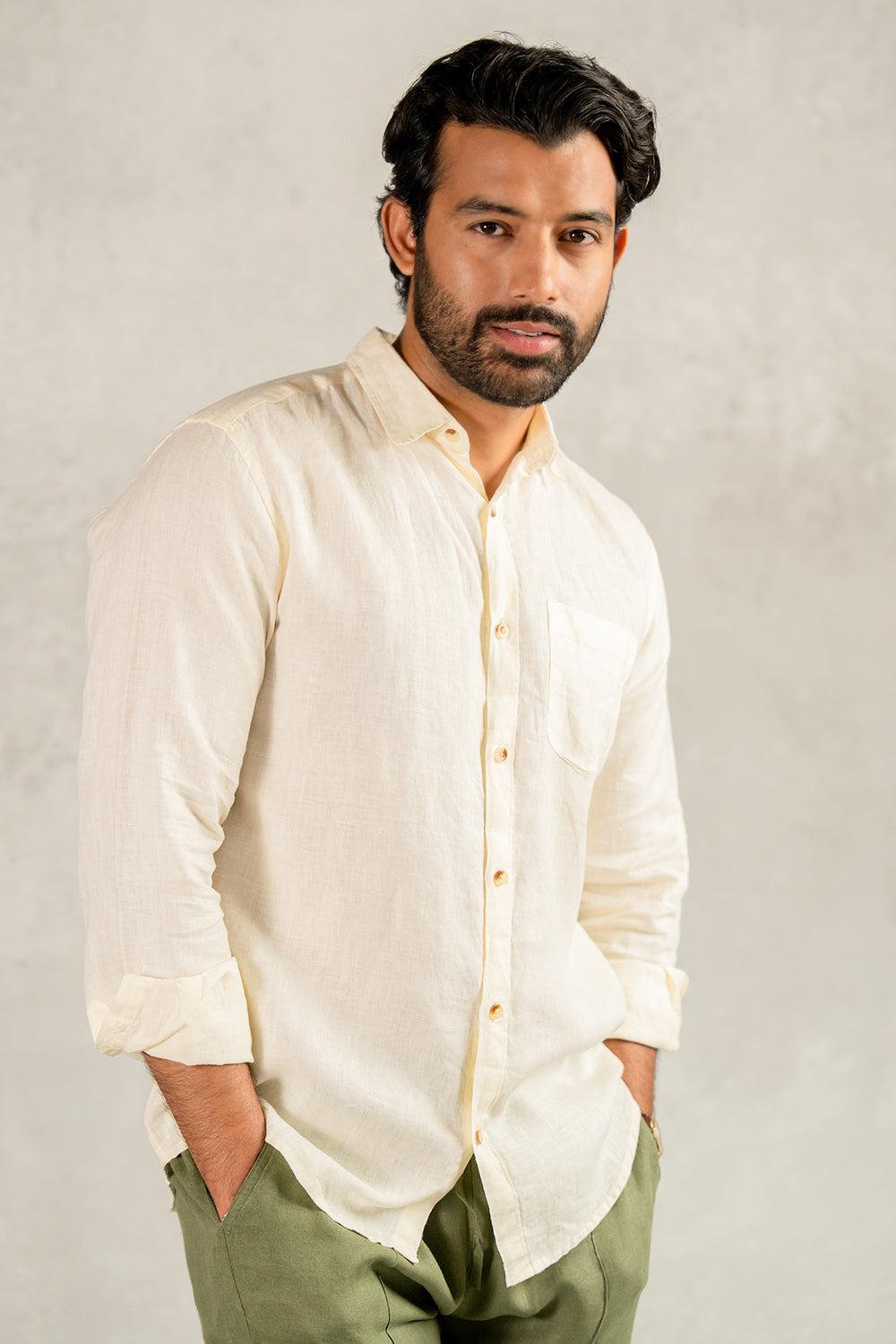 Linen Men Classic Collar Shirt- Off - White