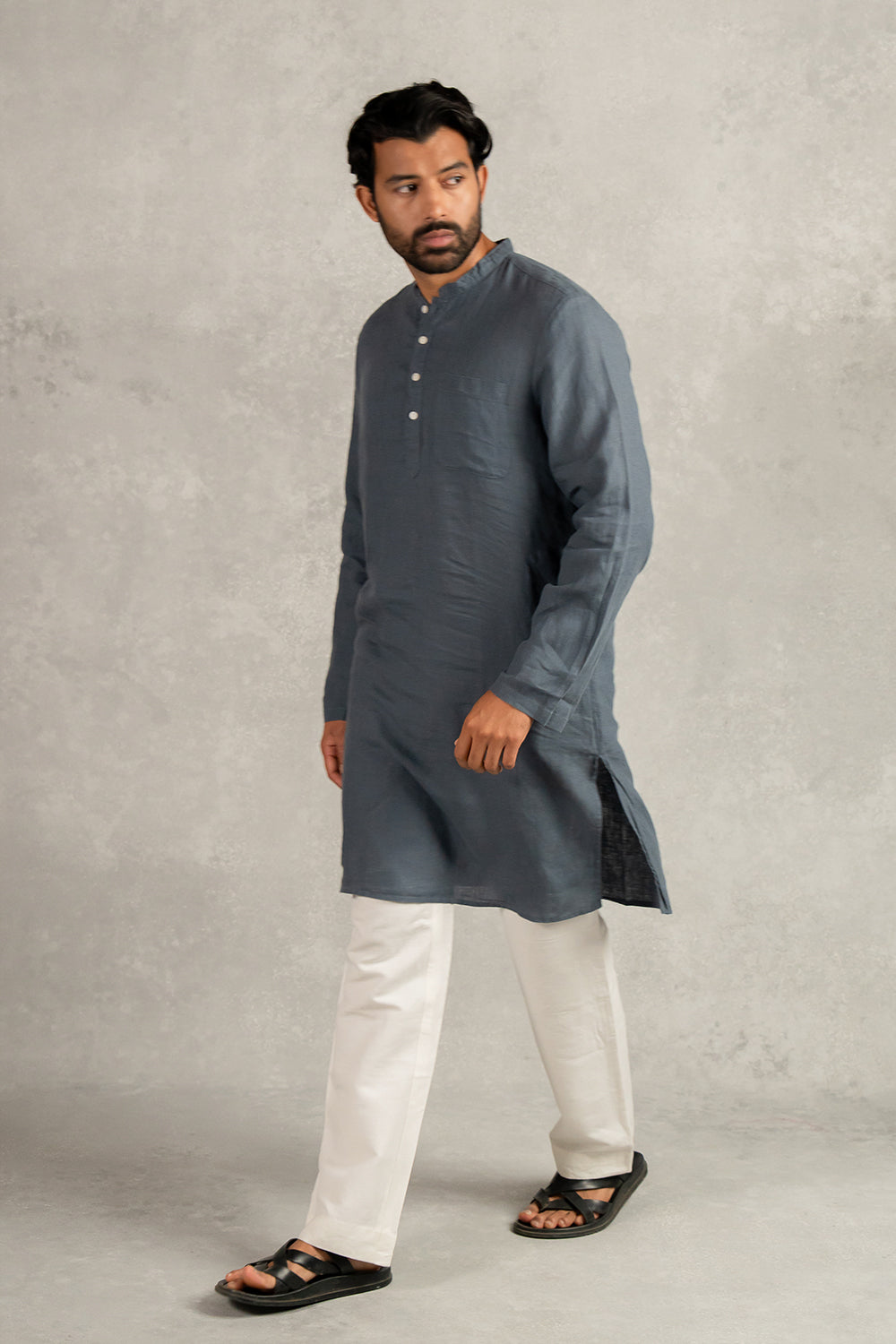 Linen Men Kurta- Charcoal Grey