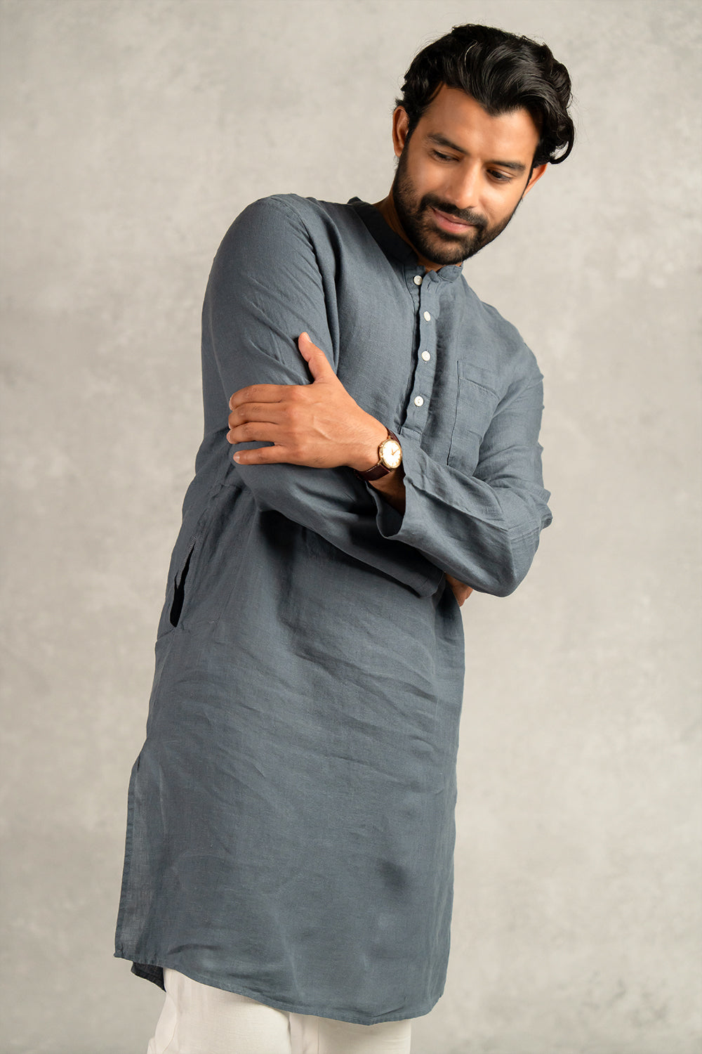 Linen Men Kurta- Charcoal Grey