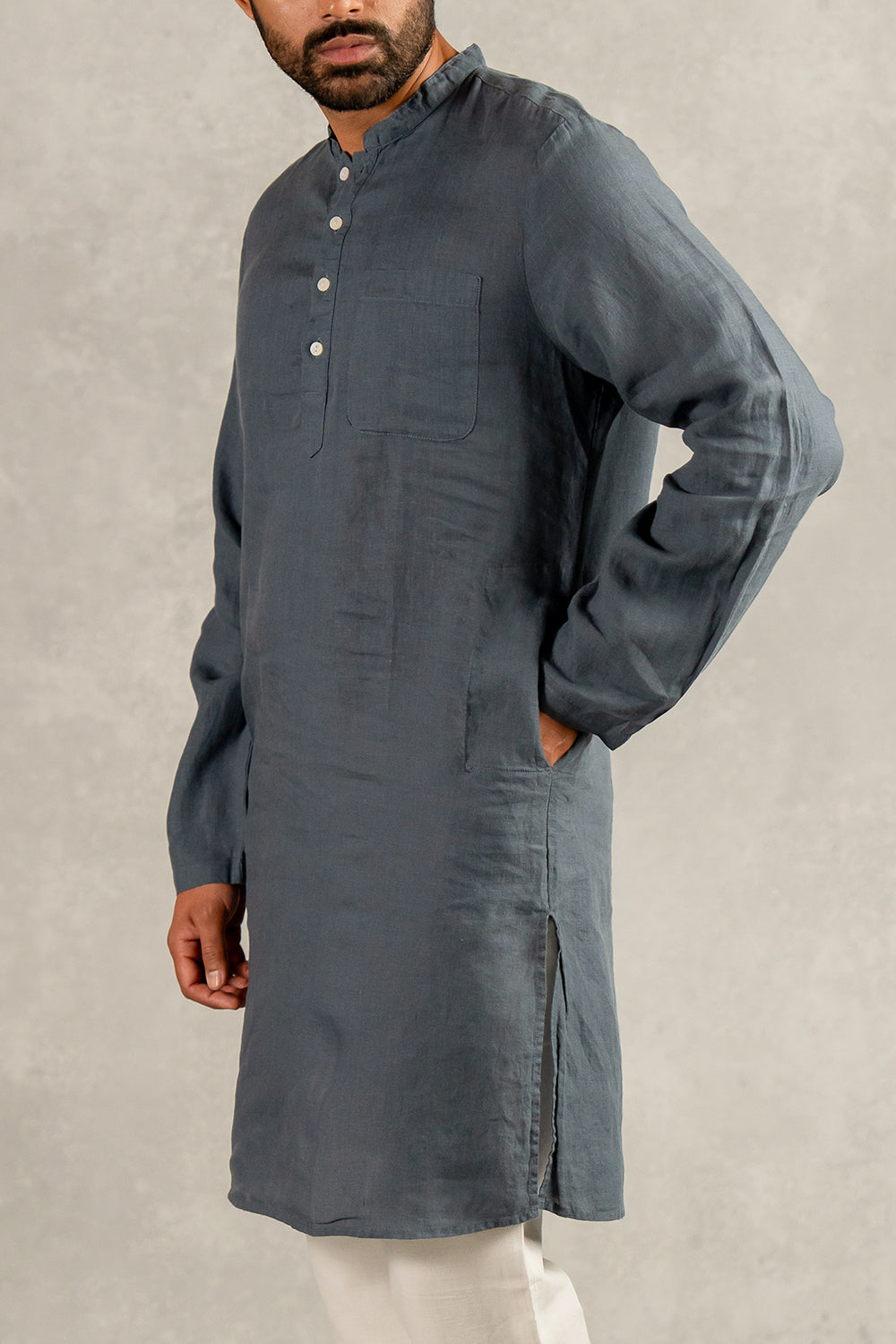 Linen Men Kurta- Charcoal Grey