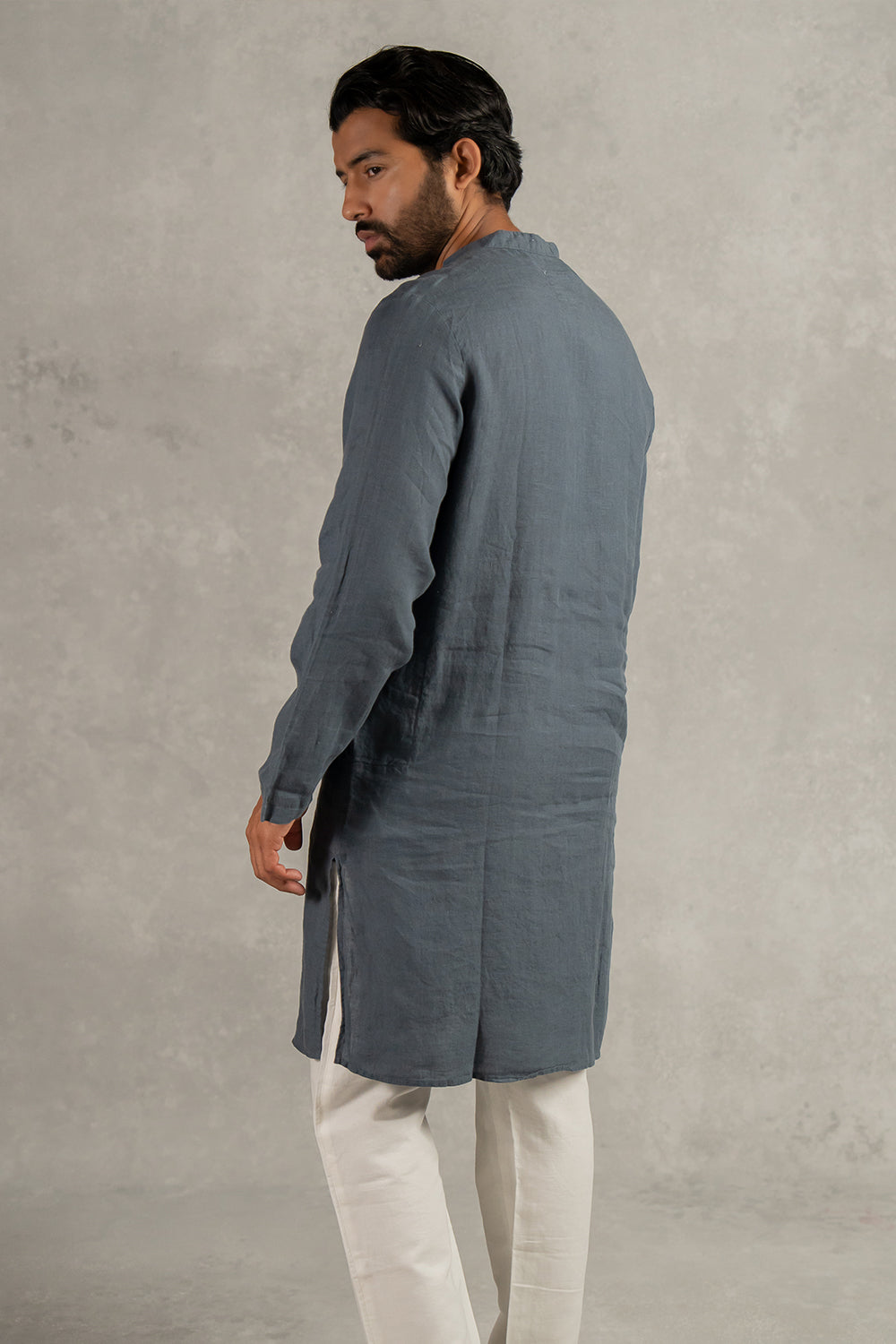 Linen Men Kurta- Charcoal Grey