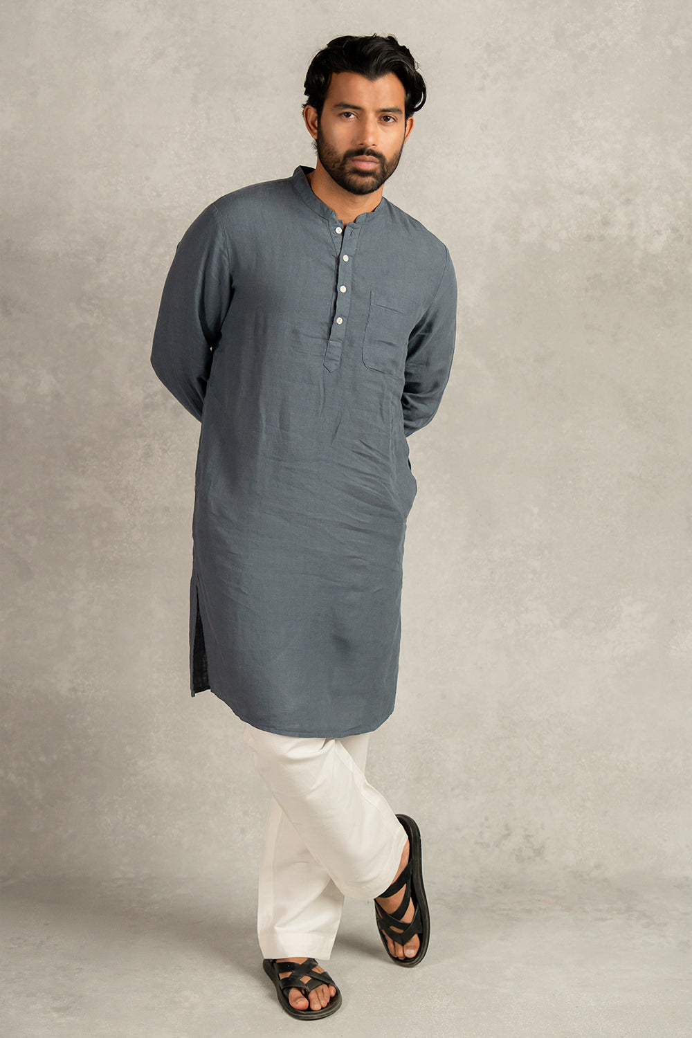 Linen Men Kurta- Charcoal Grey