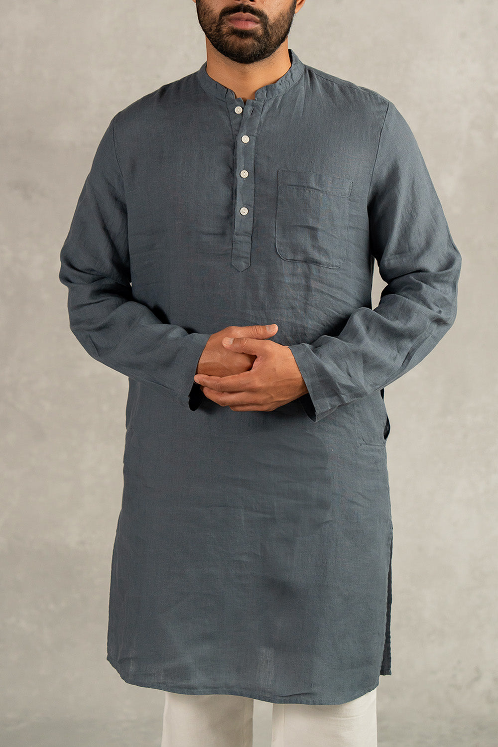 Linen Men Kurta- Charcoal Grey