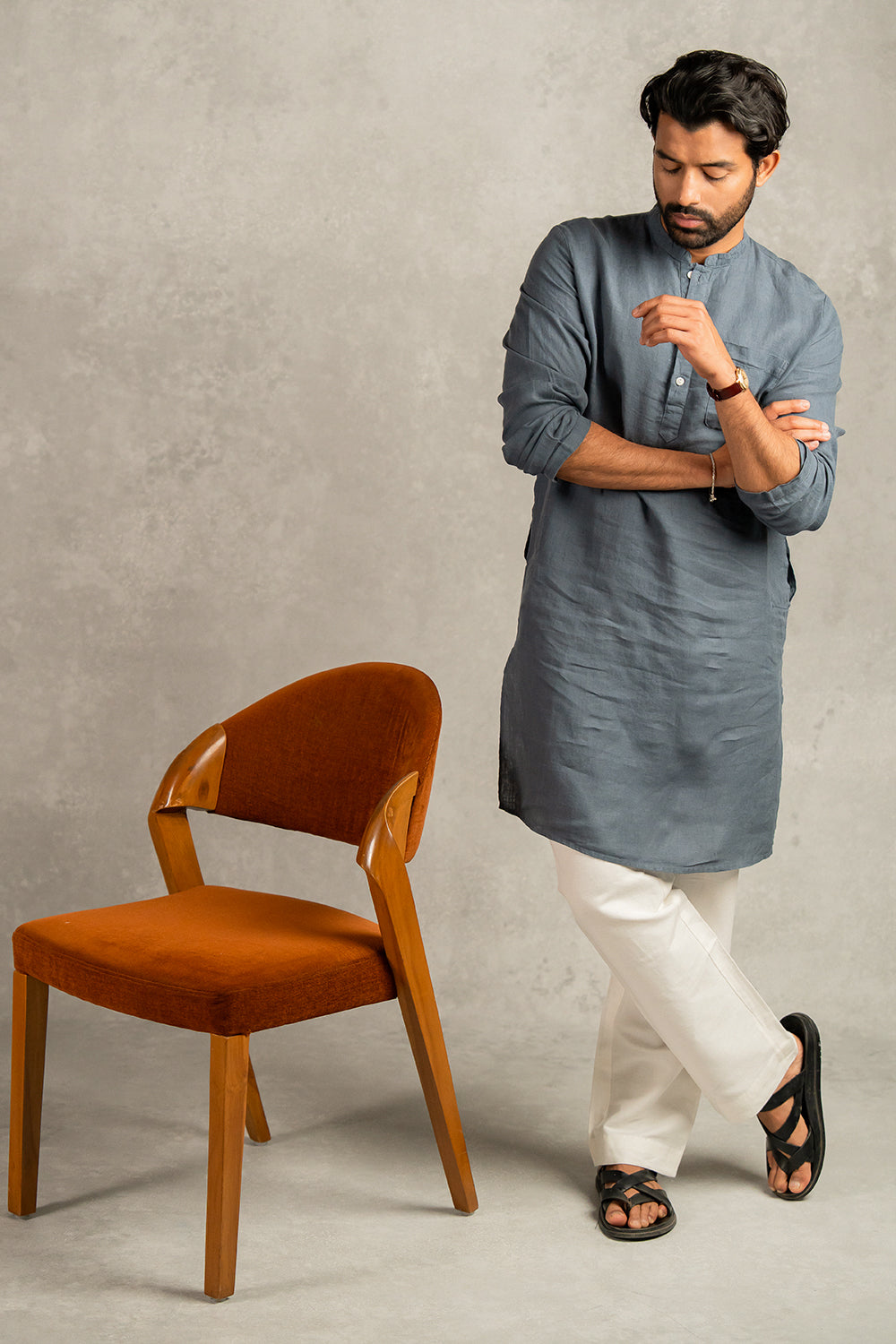 Linen Men Kurta- Charcoal Grey