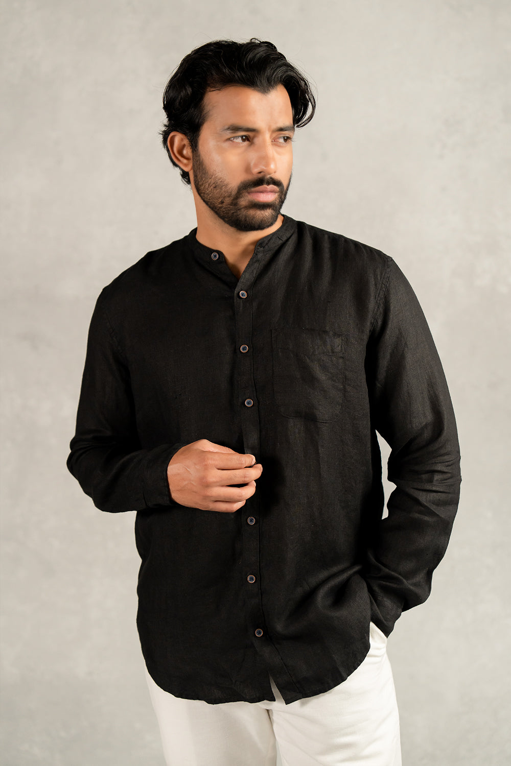 Linen Men Mandarin Collar Shirt - Black