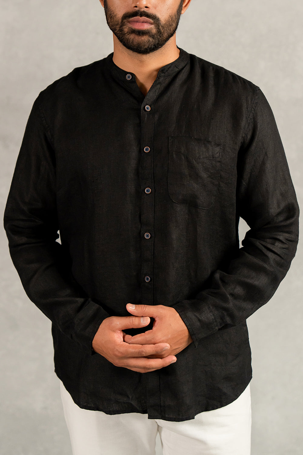 Linen Men Mandarin Collar Shirt - Black