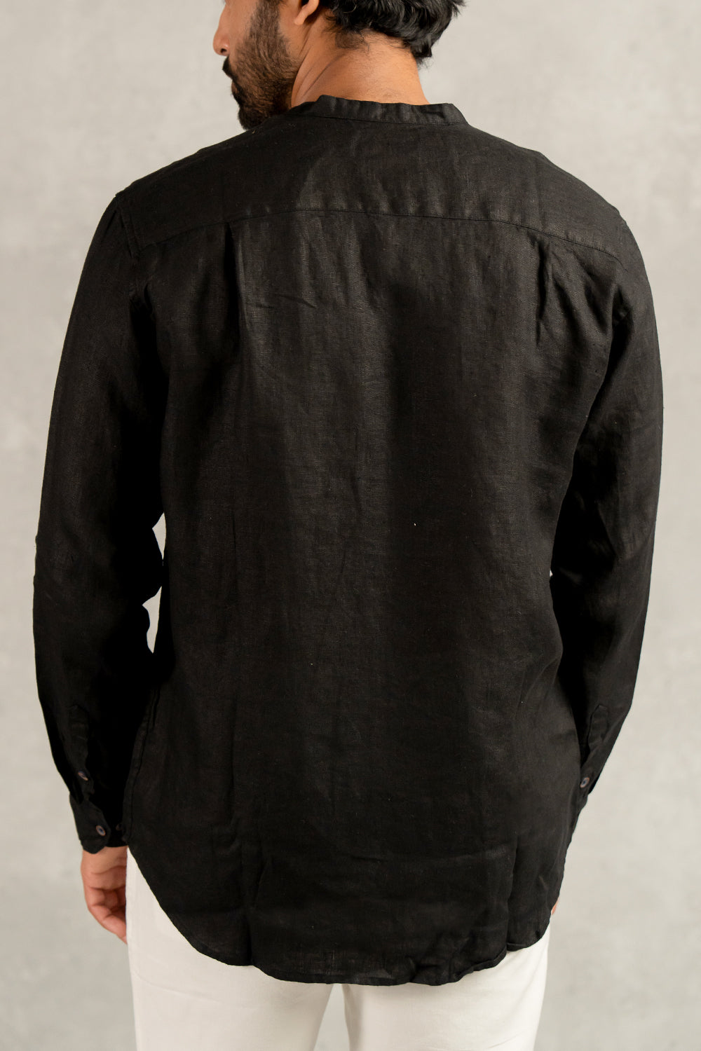 Linen Men Mandarin Collar Shirt - Black