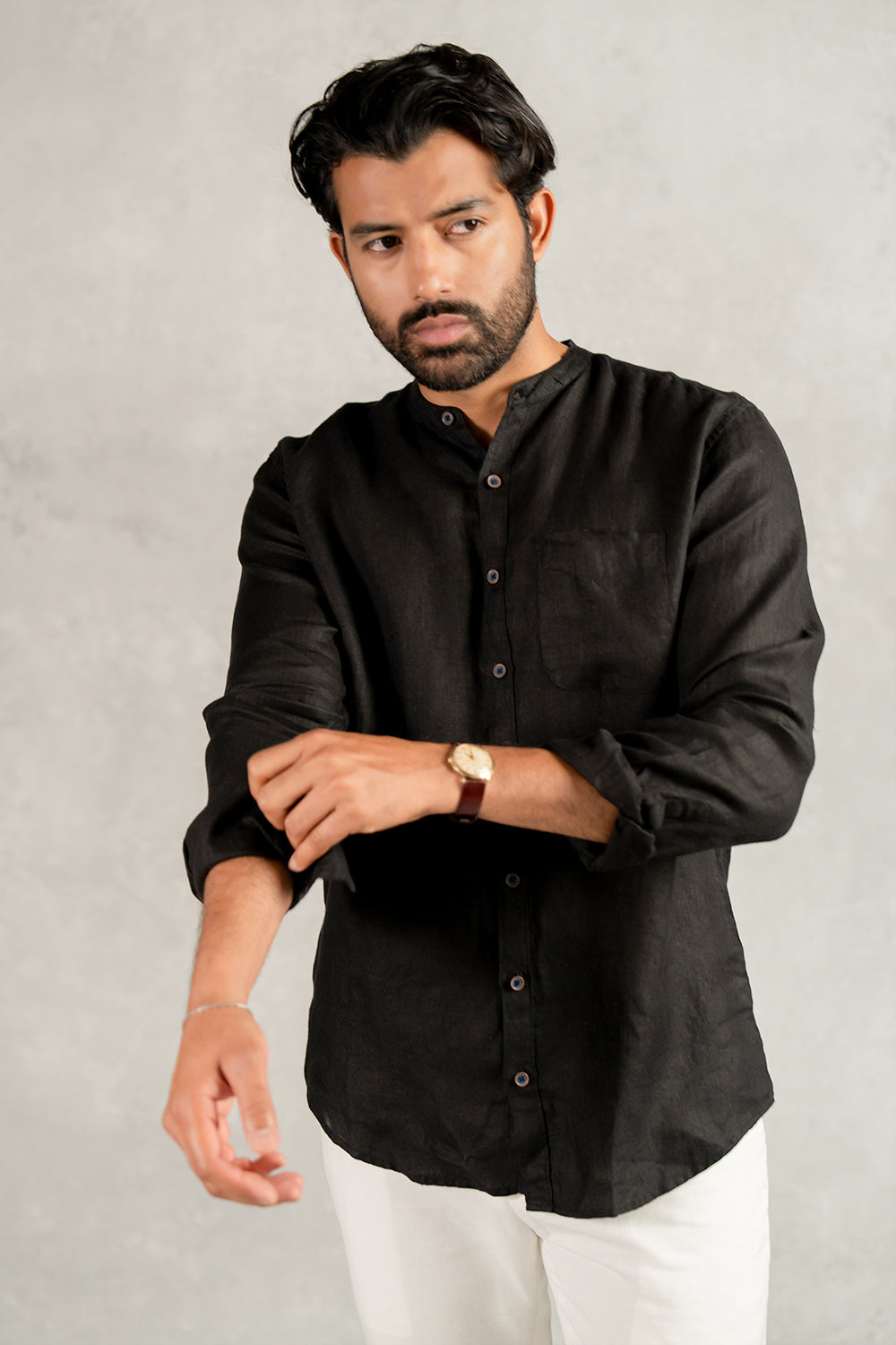 Linen Men Mandarin Collar Shirt - Black