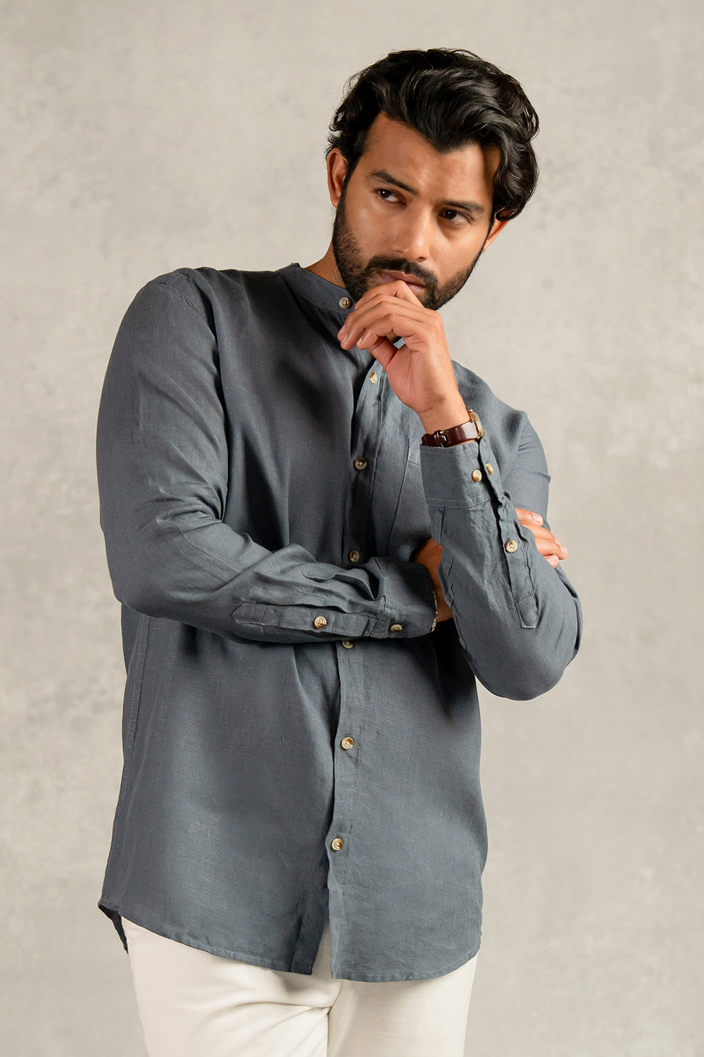 Linen Men Mandarin Collar Shirt - Charcoal Grey