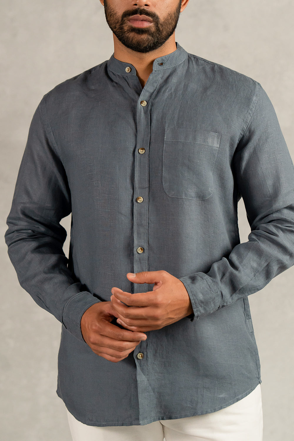 Linen Men Mandarin Collar Shirt - Charcoal Grey