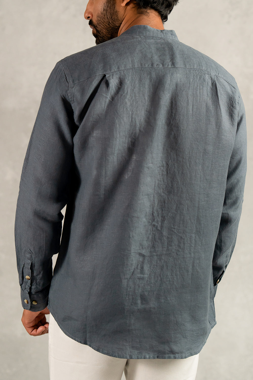 Linen Men Mandarin Collar Shirt - Charcoal Grey