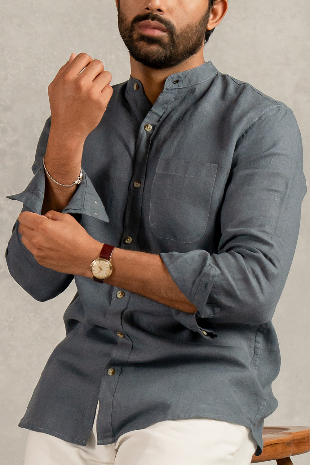 Linen Men Mandarin Collar Shirt - Charcoal Grey