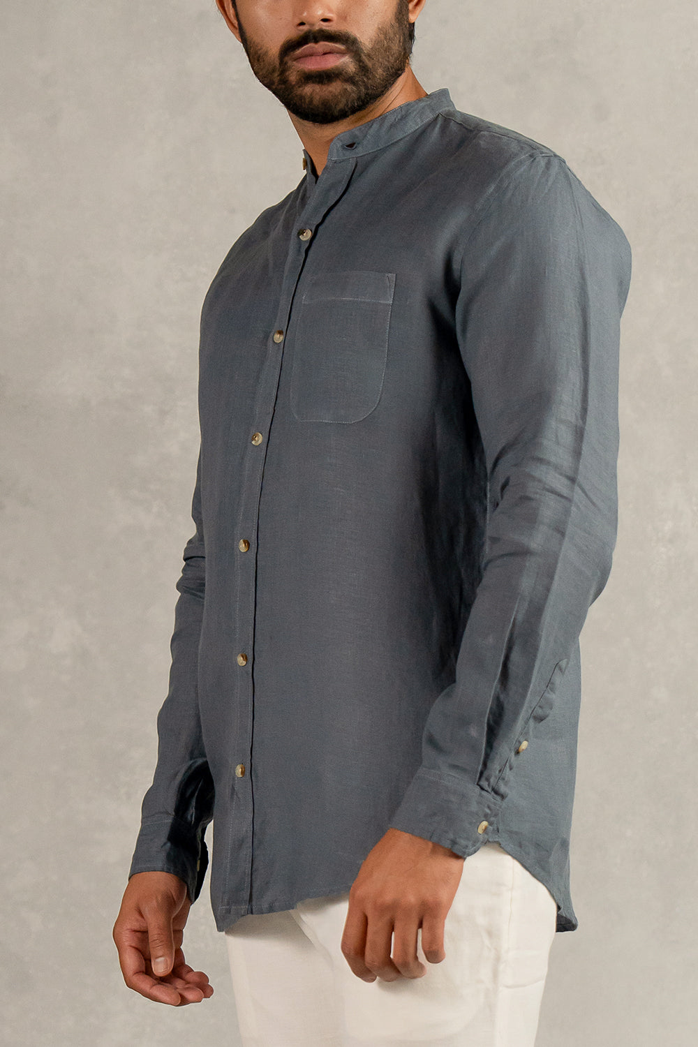 Linen Men Mandarin Collar Shirt - Charcoal Grey