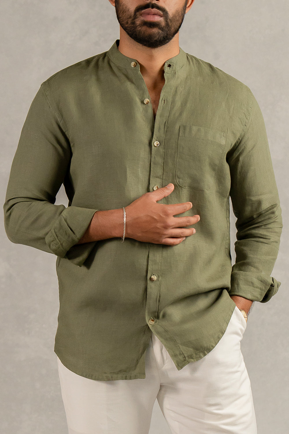 Linen Men Mandarin Collar Shirt - Olive Green