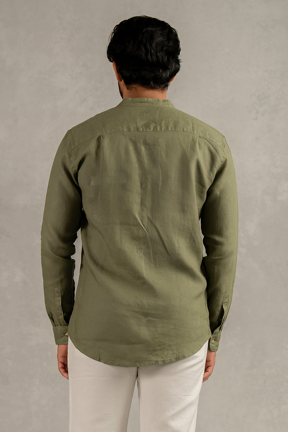 Linen Men Mandarin Collar Shirt - Olive Green