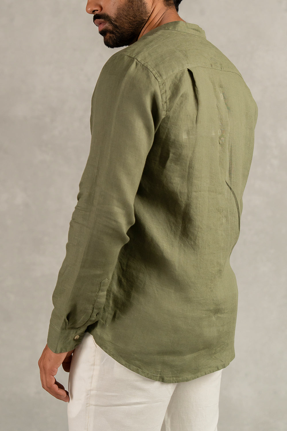 Linen Men Mandarin Collar Shirt - Olive Green