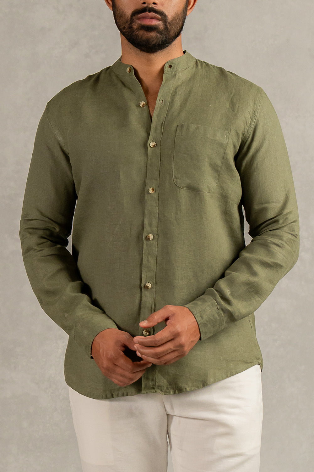 Linen Men Mandarin Collar Shirt - Olive Green