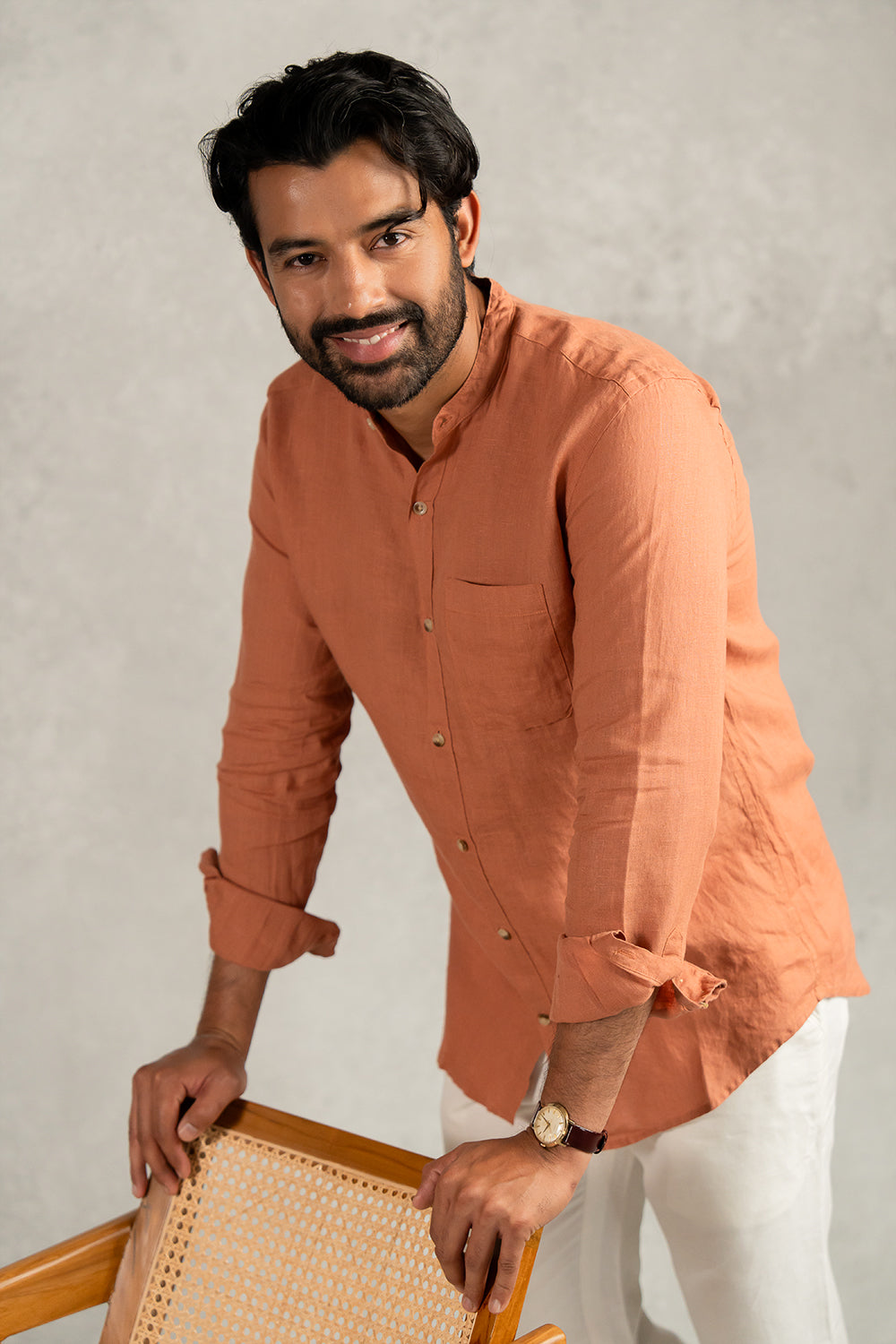 Sand Brown Mandarin Collar Shirt