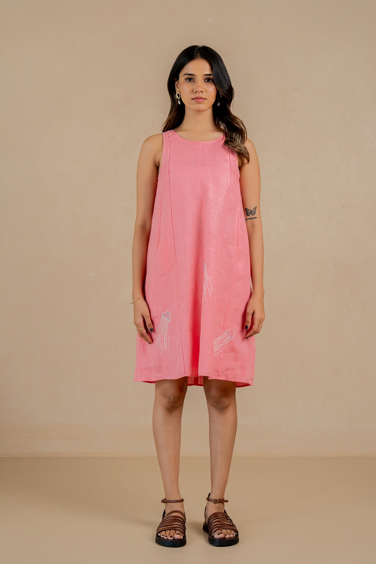 Linen-Sleeveless-Panel-Lace-Dress-Flamingo-Pink-