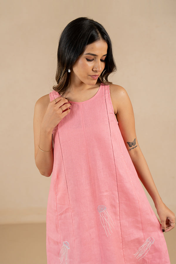 Linen-Sleeveless-Panel-Lace-Dress-Flamingo-Pink-