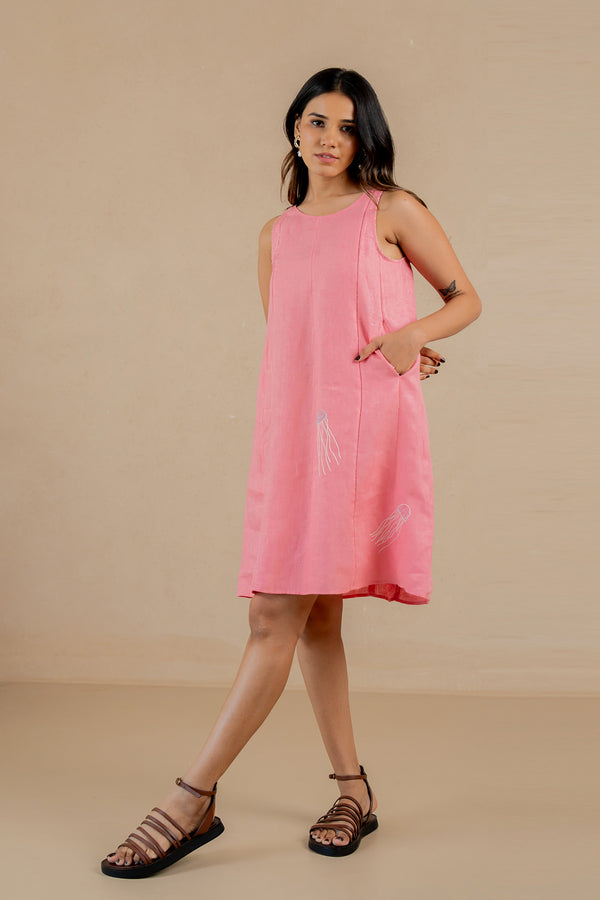 Linen-Sleeveless-Panel-Lace-Dress-Flamingo-Pink-