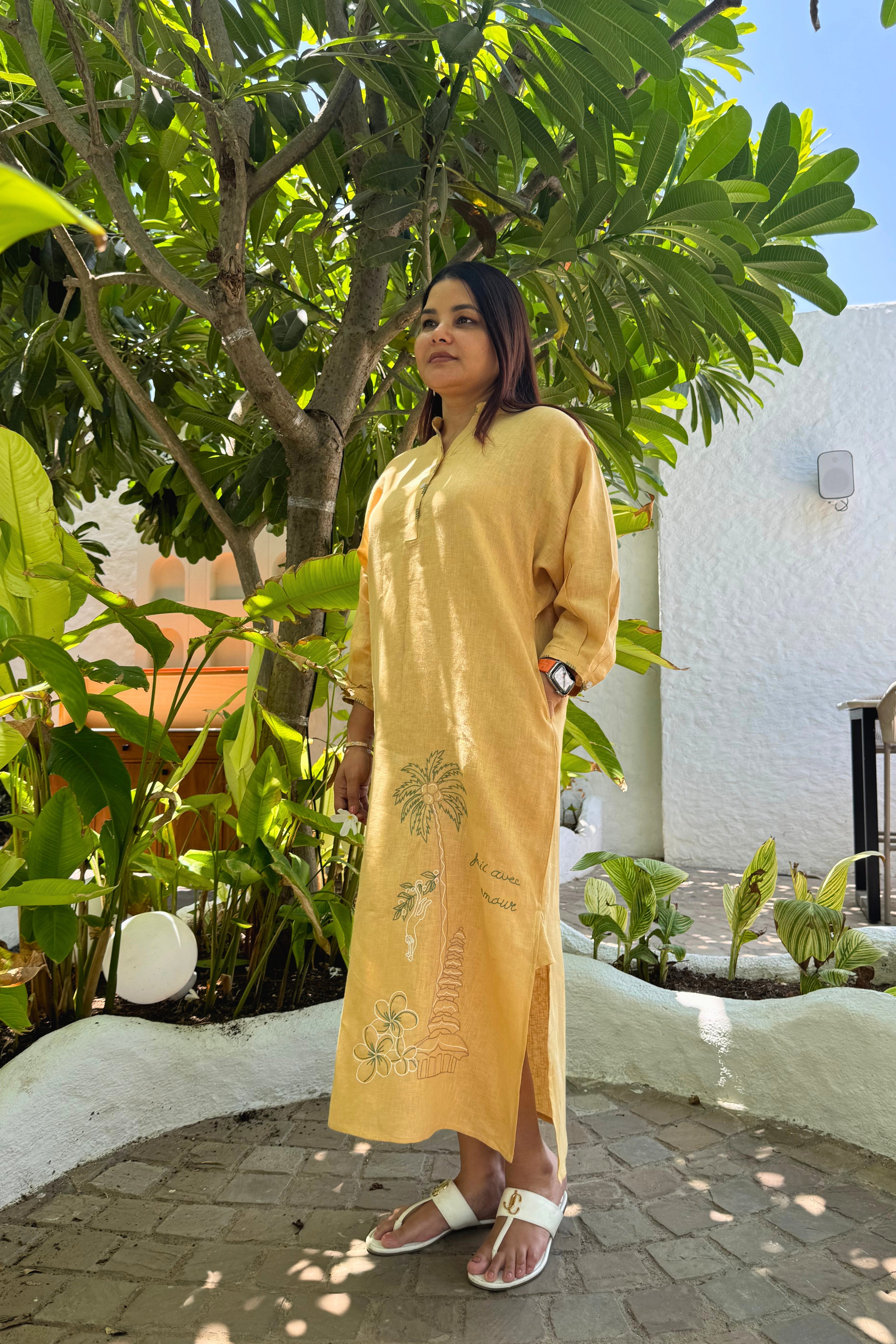 Women wearing 100% pure linen half placket dress in daisy yellow