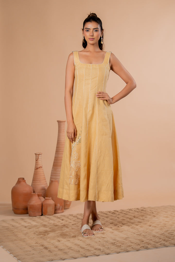 Women’s Daisy Yellow 100% Pure Linen Sleeveless Panel Dress with Relaxed A-Line Summer Fit
