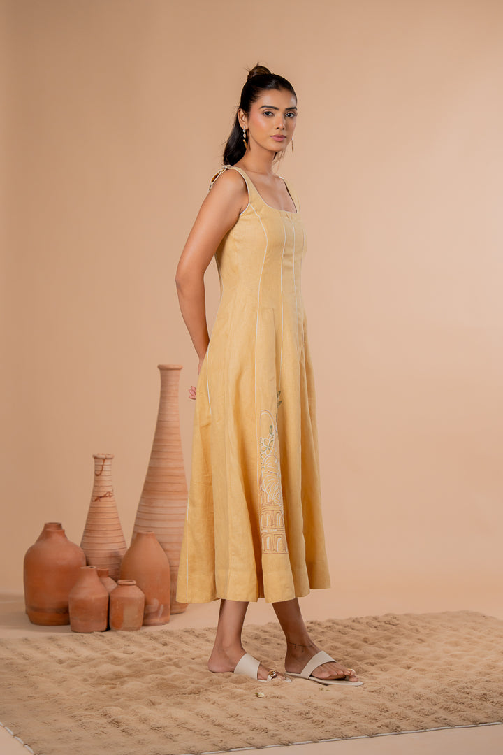Women’s Daisy Yellow 100% Pure Linen Sleeveless Panel Dress with Relaxed A-Line Summer Fit
