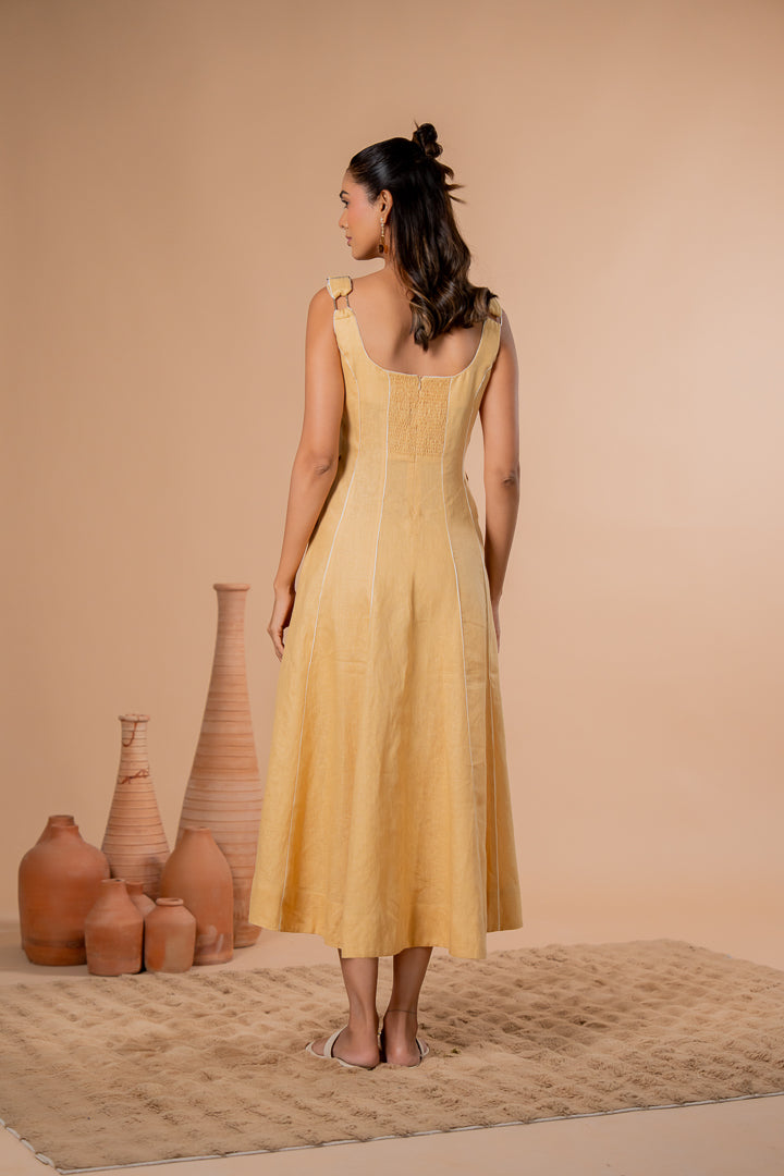 Women’s Daisy Yellow 100% Pure Linen Sleeveless Panel Dress with Relaxed A-Line Summer Fit