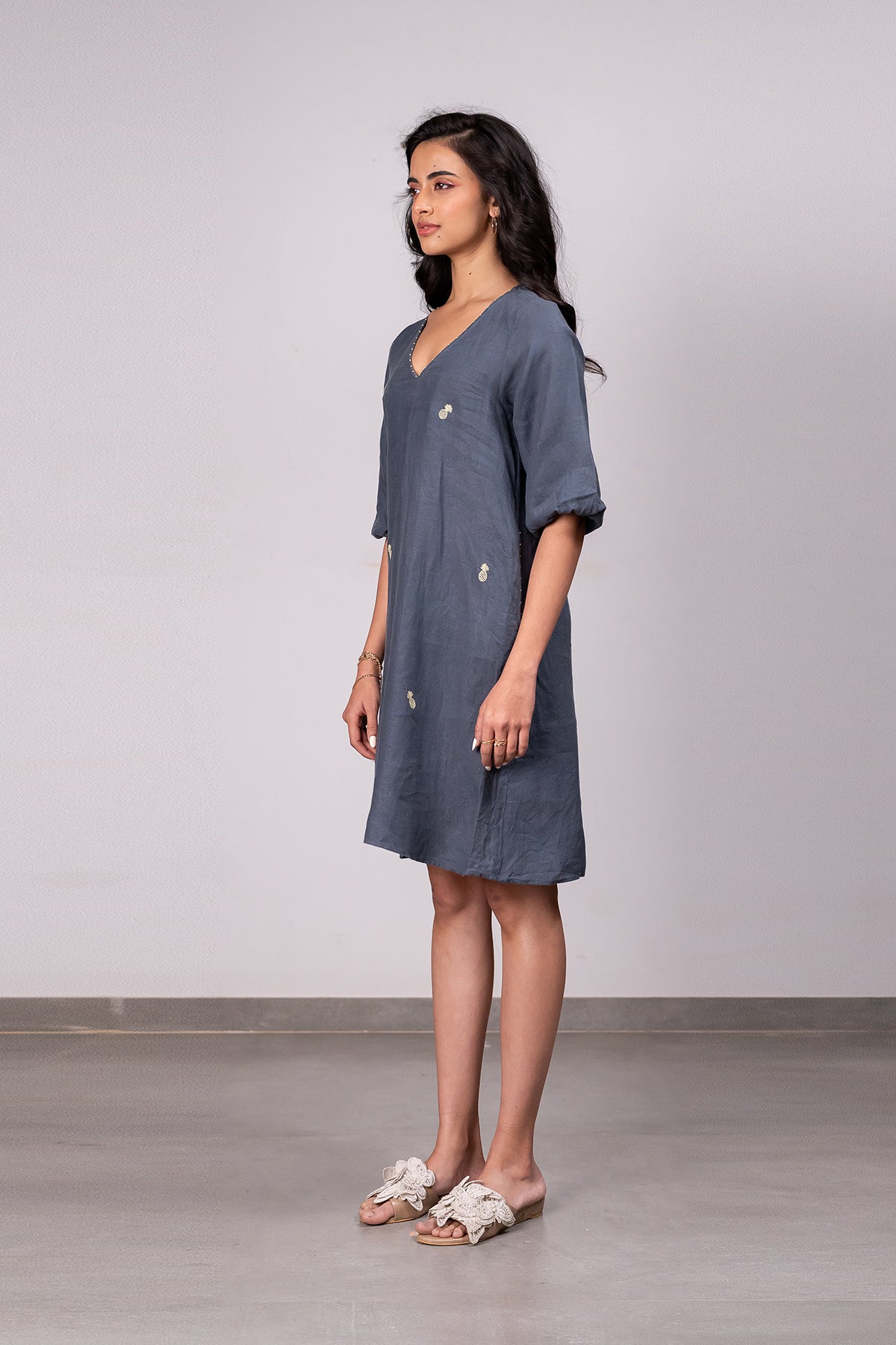 Lucy Linen V- neck Short Dress with pockets - Charcoal Grey
