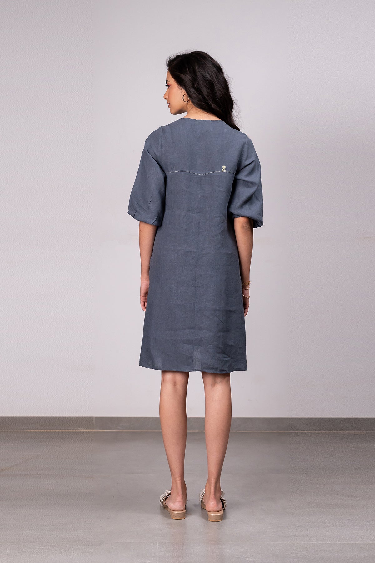Lucy Linen V- neck Short Dress with pockets - Charcoal Grey