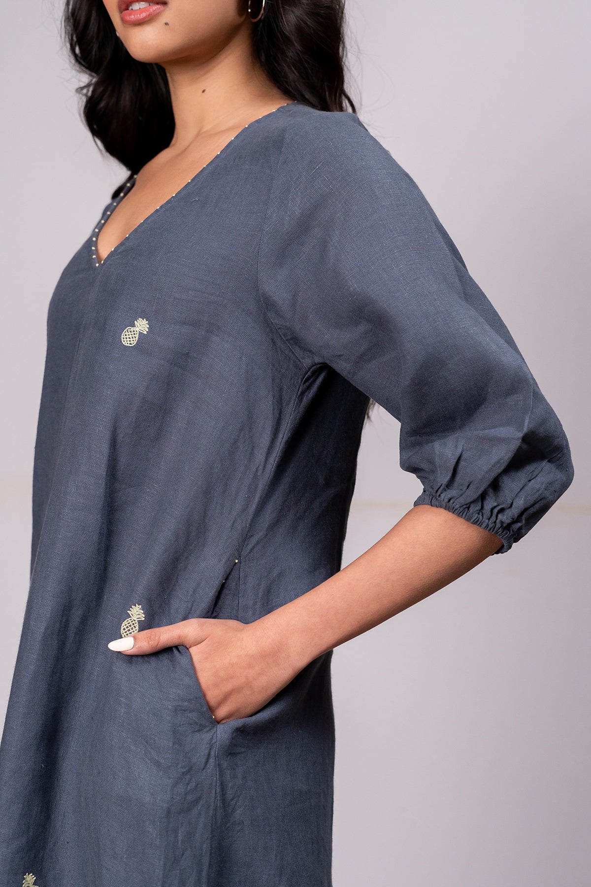 Lucy Linen V- neck Short Dress with pockets - Charcoal Grey