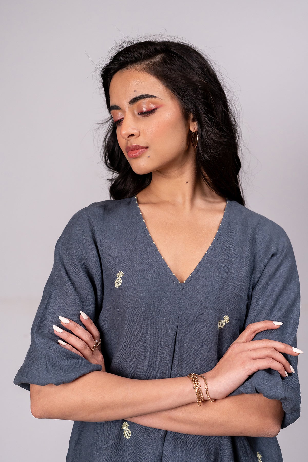 Lucy Linen V- neck Short Dress with pockets - Charcoal Grey