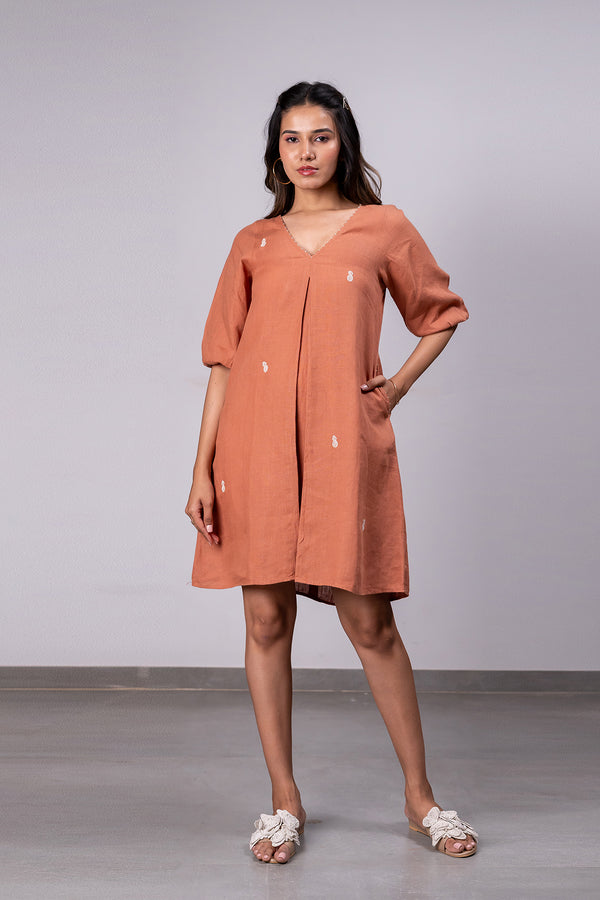 Lucy Linen V- neck Short Dress with pockets - Sand Brown