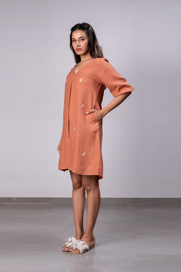 Lucy Linen V- neck Short Dress with pockets - Sand Brown