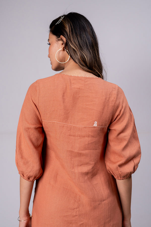 Lucy Linen V- neck Short Dress with pockets - Sand Brown