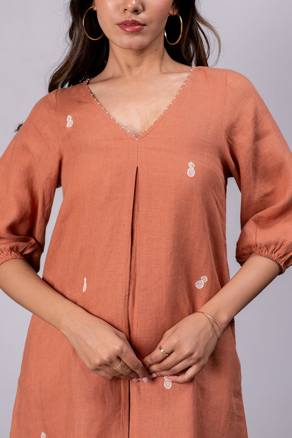 Lucy Linen V- neck Short Dress with pockets - Sand Brown