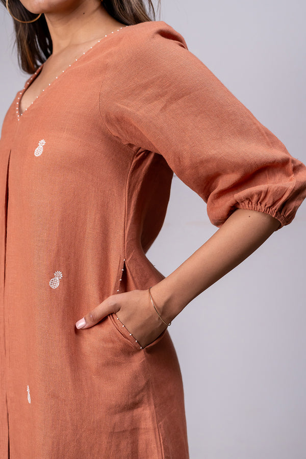 Lucy Linen V- neck Short Dress with pockets - Sand Brown