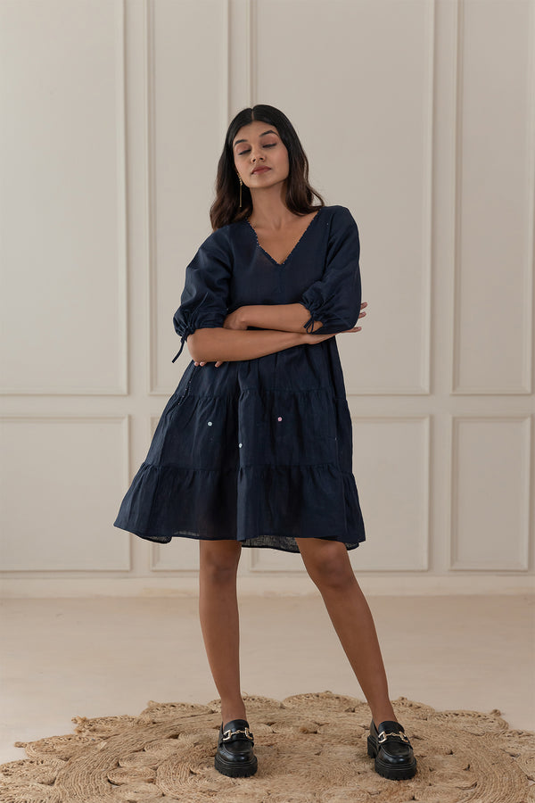 MADONNA LINEN V-NECK DRESS - Blue