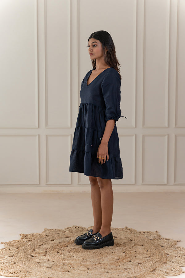MADONNA LINEN V-NECK DRESS - Blue