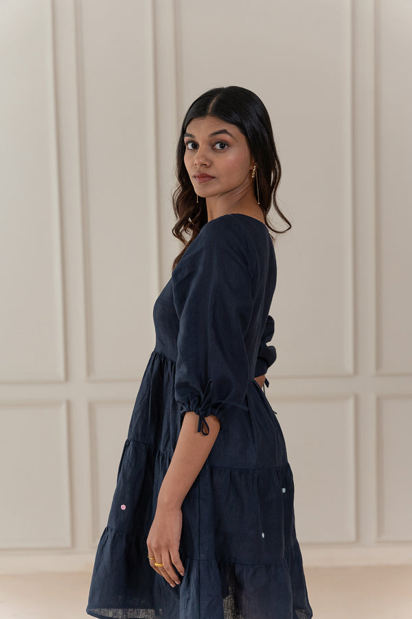 MADONNA LINEN V-NECK DRESS - Blue