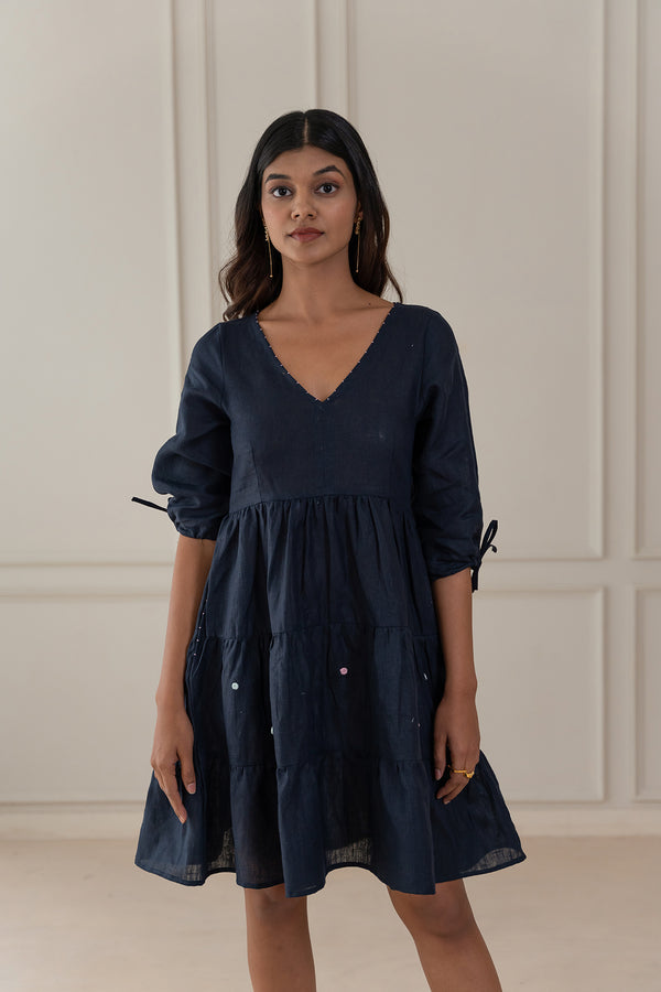 MADONNA LINEN V-NECK DRESS - Blue