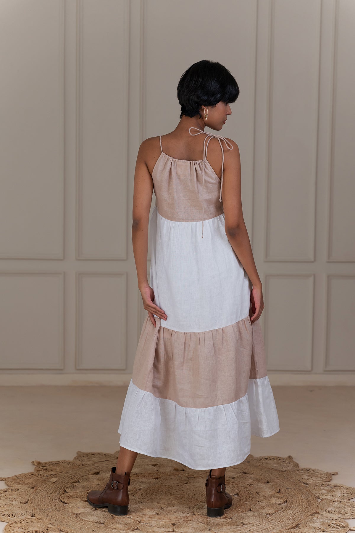 MARLOW LINEN DRESS - Beige and White