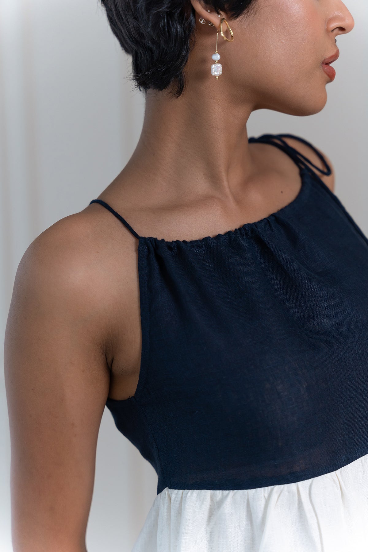 MARLOW LINEN DRESS - Blue and White