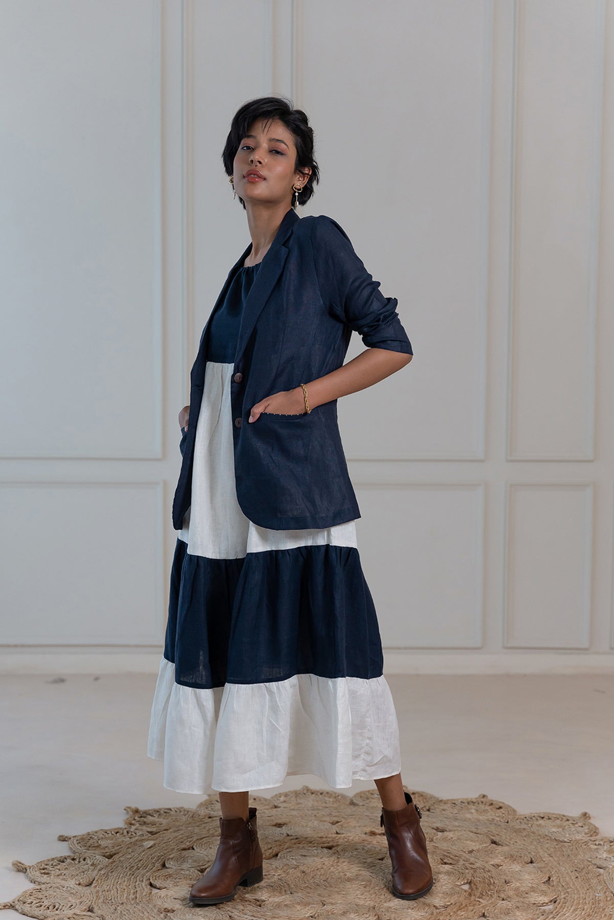 MARLOW LINEN DRESS - Blue and White