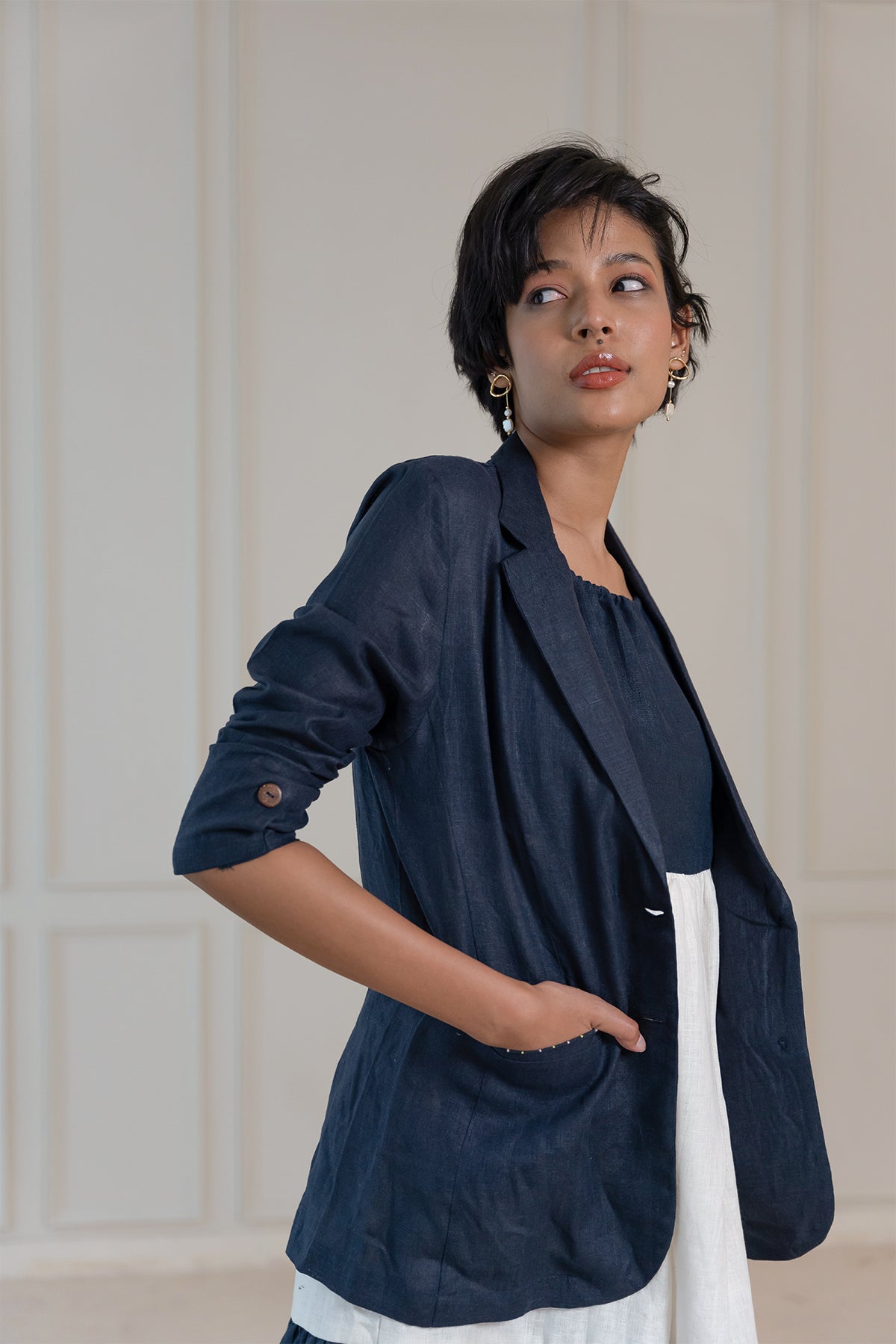 MARLOW LINEN DRESS - Blue and White