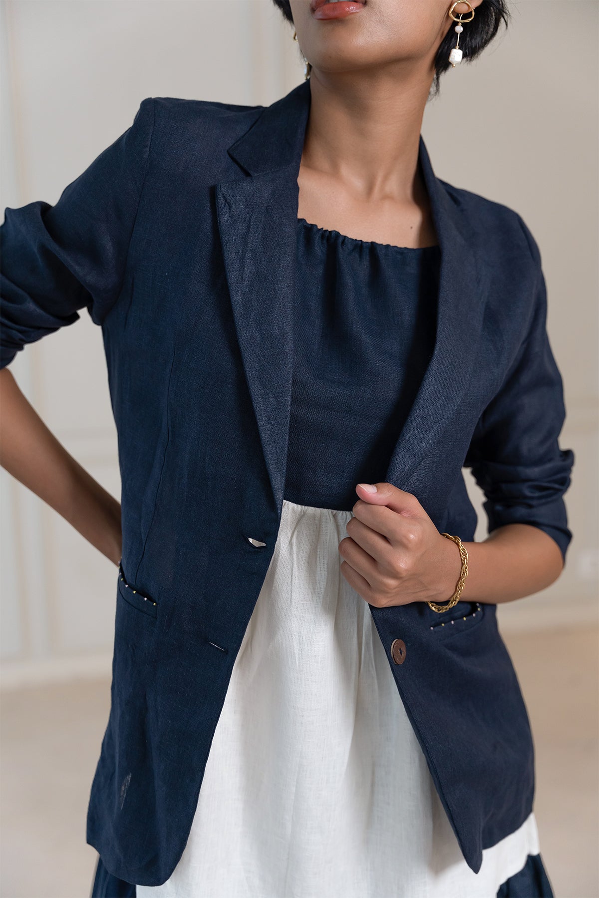 MARLOW LINEN DRESS - Blue and White