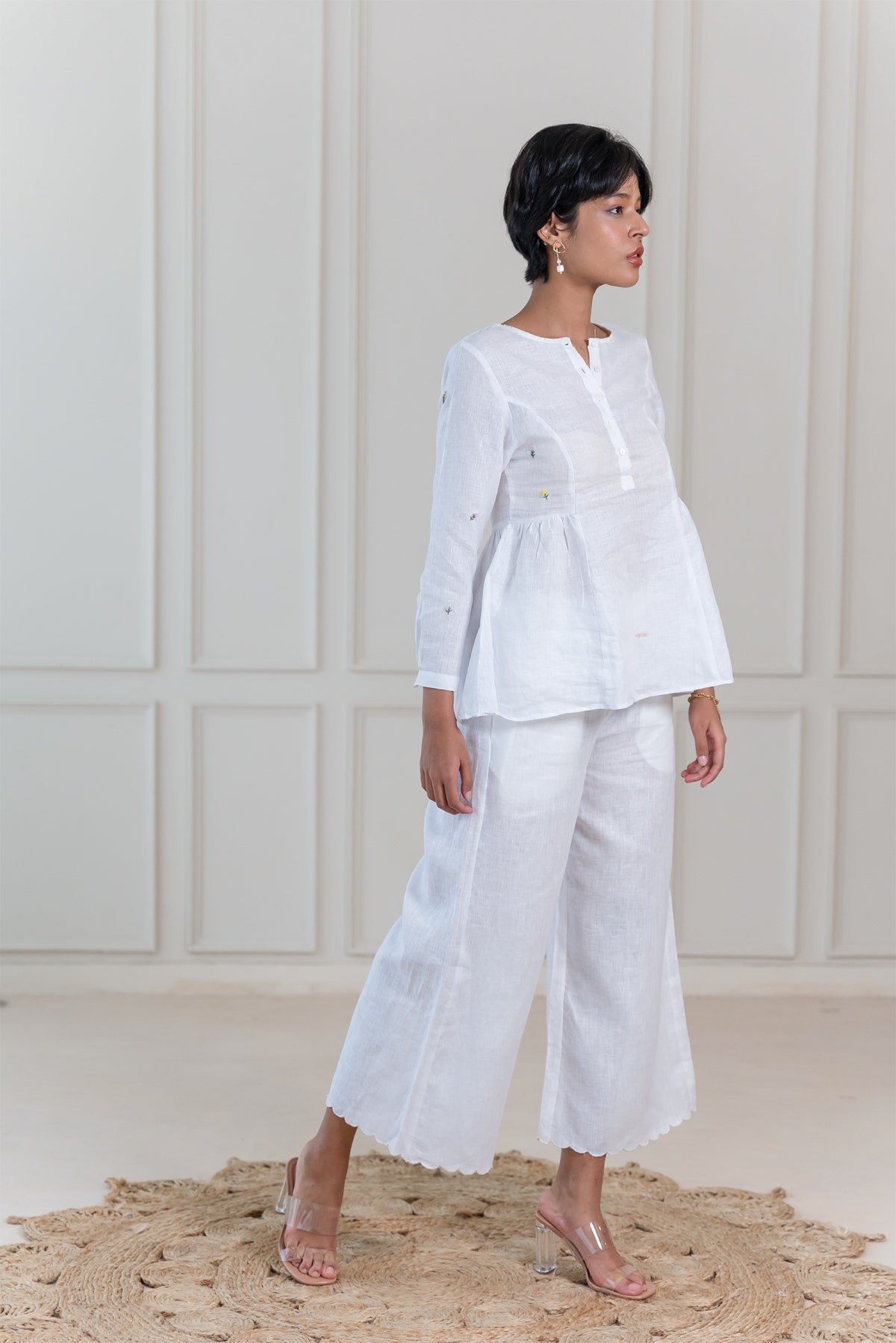 MARTHA LINEN CUTWORK PANTS - White