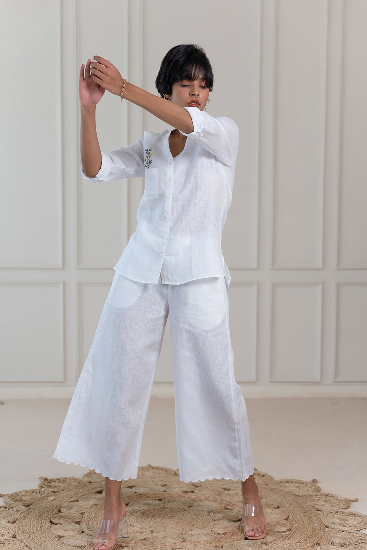 MARTHA LINEN CUTWORK PANTS - White